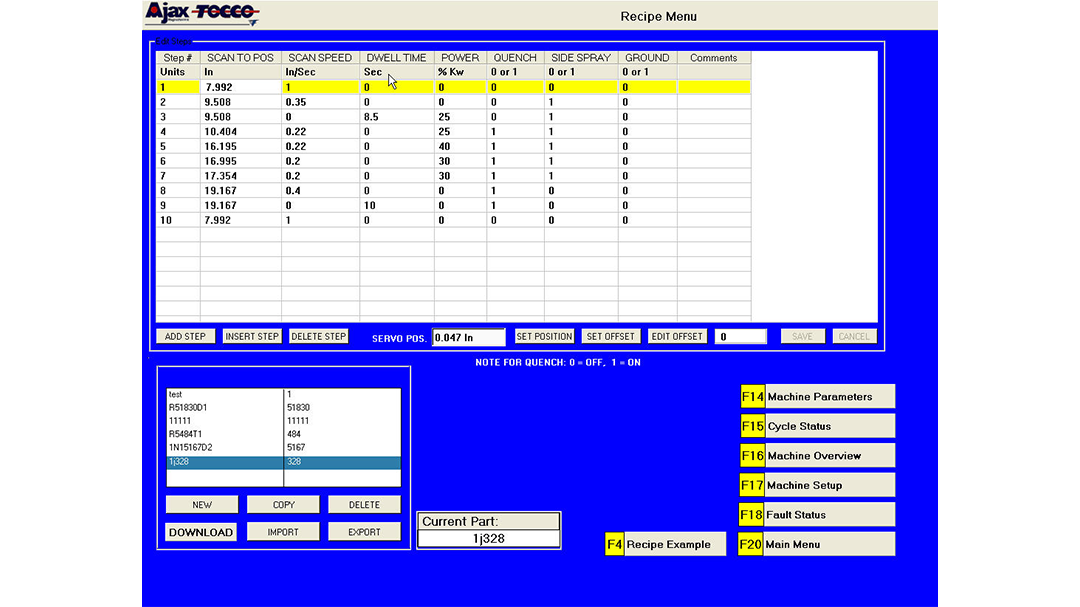 Heat Treat Control Screens Recipe Menu