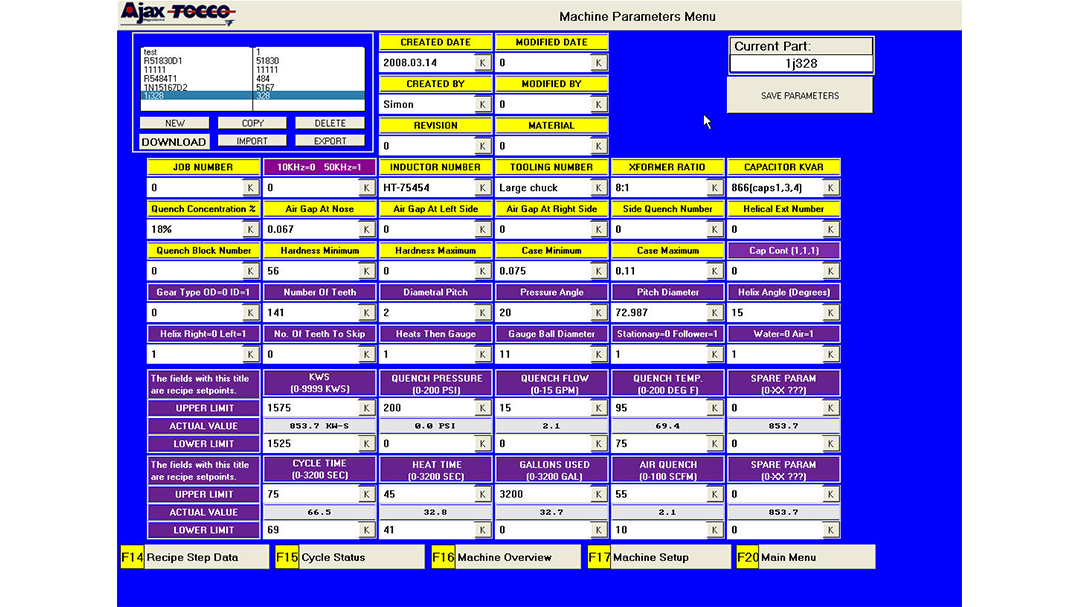 Heat Treat Control Screens Machine Parameters Menu